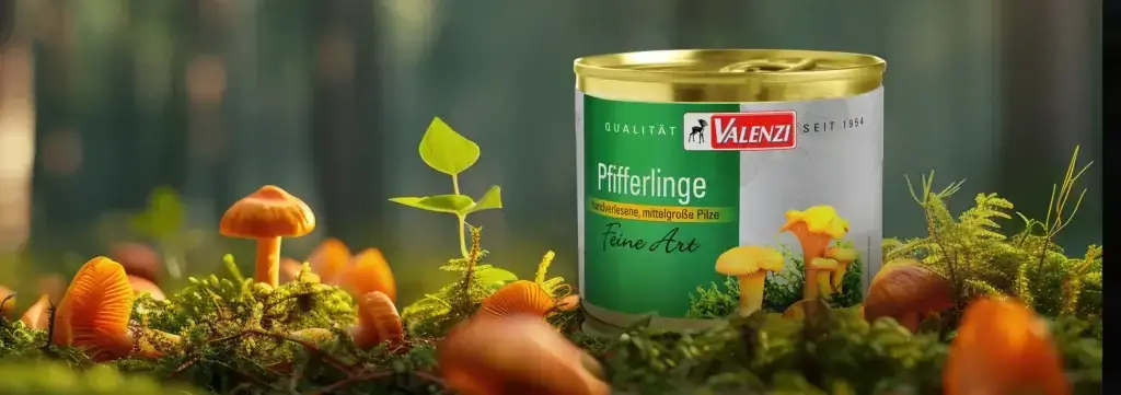 Waldboden und Pfifferlinge mit einer Dose VALENZI Pifferlingen