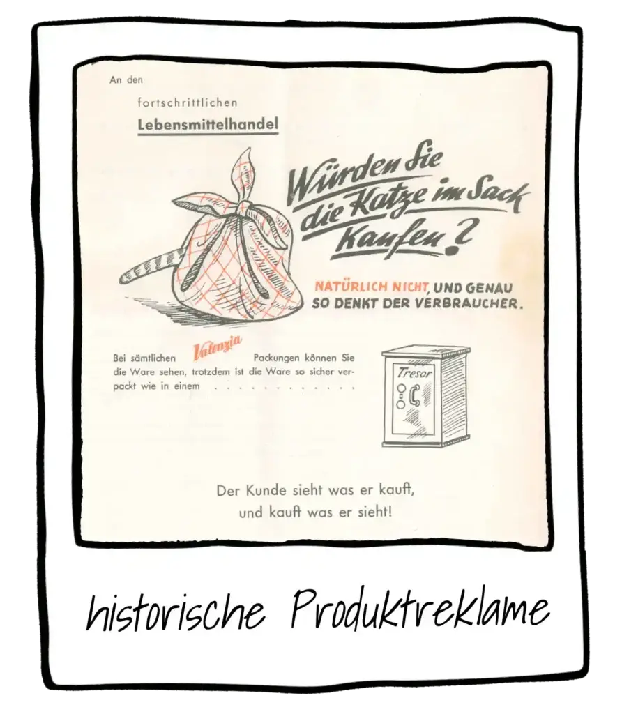 Eine alte Reklame für VALENZI Zitronensaft in Päckchen als Beilage zu dem Produkt frischer Fisch